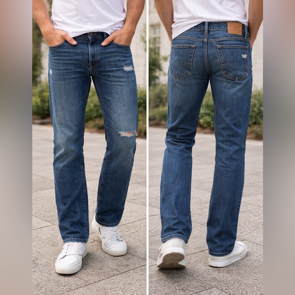 Abercrombie & Fitch Men’s Straight Leg Jeans W32 L32 Medium Wash Distressed